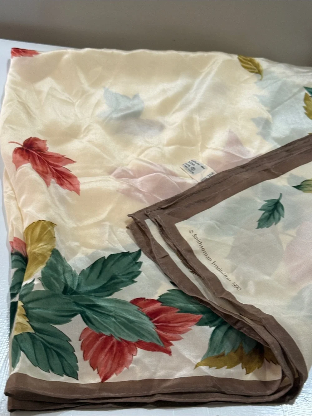 Smithsonian 1990 Silk-Cream Floral Autumn Leaf Scarf Brown Border New never used